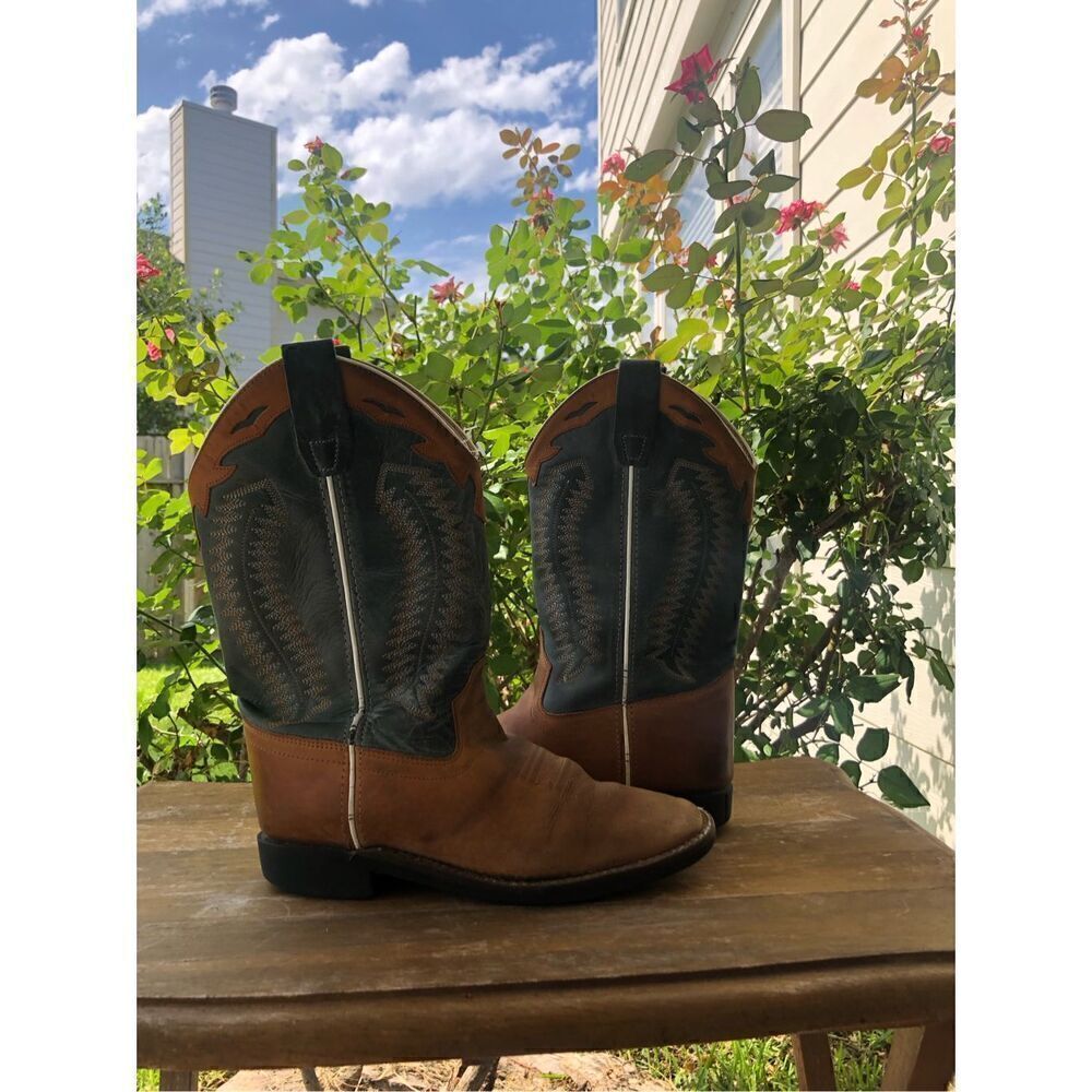 OLD WEST YOUTH 4. 0 BROWN ASH LEATHER SQUARE TOE COWBOY BOOTS